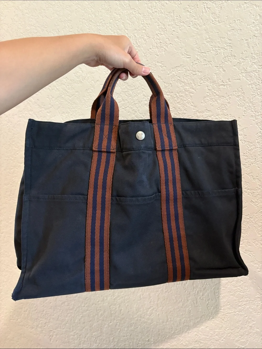 Hermes 12x17 ” Canvas Tote Unisex - Navy with Brown Straps Handbag